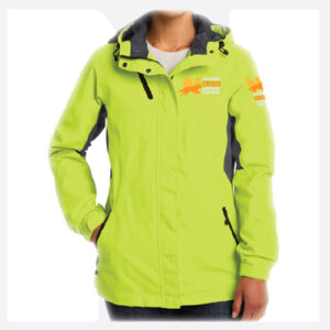 Bright lime green women's jacket with black accents and a hood.