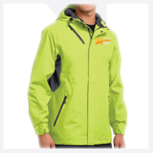 Man wearing a bright green outdoor jacket with black zipper details.