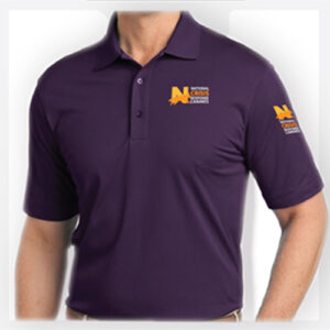Purple polo shirt with embroidered logos on chest and sleeve.