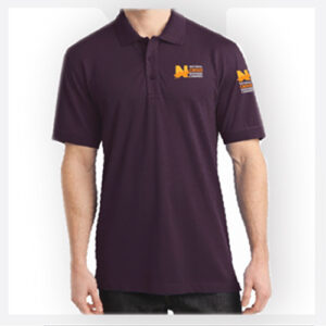 Person wearing a dark purple University of Michigan polo shirt.