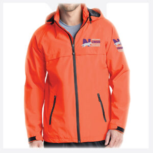 Orange hooded jacket with black zipper details and logos on chest and sleeve.