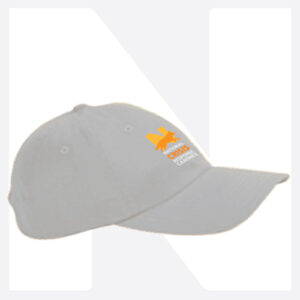 White baseball cap with orange and gray logo on the front.