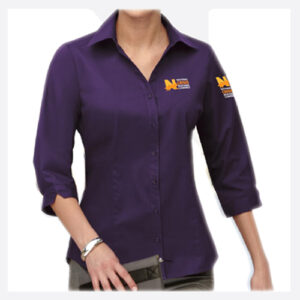 Purple button-up shirt with embroidered logos on chest and sleeve.