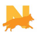 Icon for NATIONAL Crisis Response Canines featuring the orange colored shape of a dog running, with a large gold colored "N" behind it.