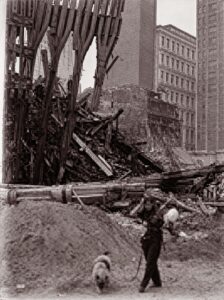 Founder Cindy Ehlers walking with her canine partner at Ground Zero in the aftermath of 911 attacks.