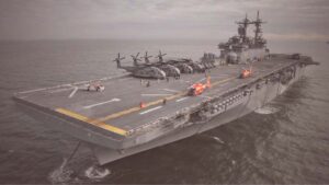 Drone shot of an aircraft carrier during Hurricane Sandy.