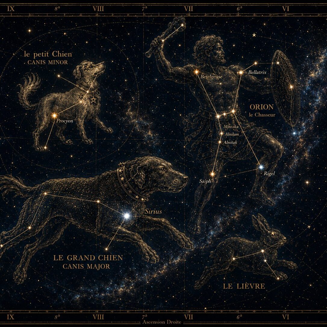 Celestial map featuring Artistic illustration of Canis Minor & Canis Major constellations with Orion, the hunter, nearby.
