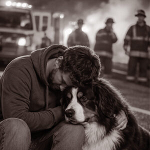 Homeowner interacts with crisis response canine with firefighters working in the background.