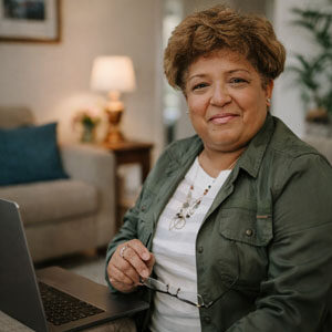 Middle aged African-American woman, representing an NCRC Volunteer, turns away from her laptop to look at the camera.